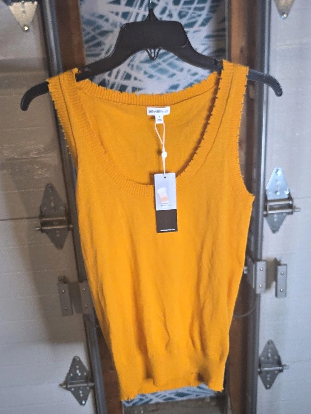 Minnie Rose Distressed Scoop Tank Top Sweater Yellow